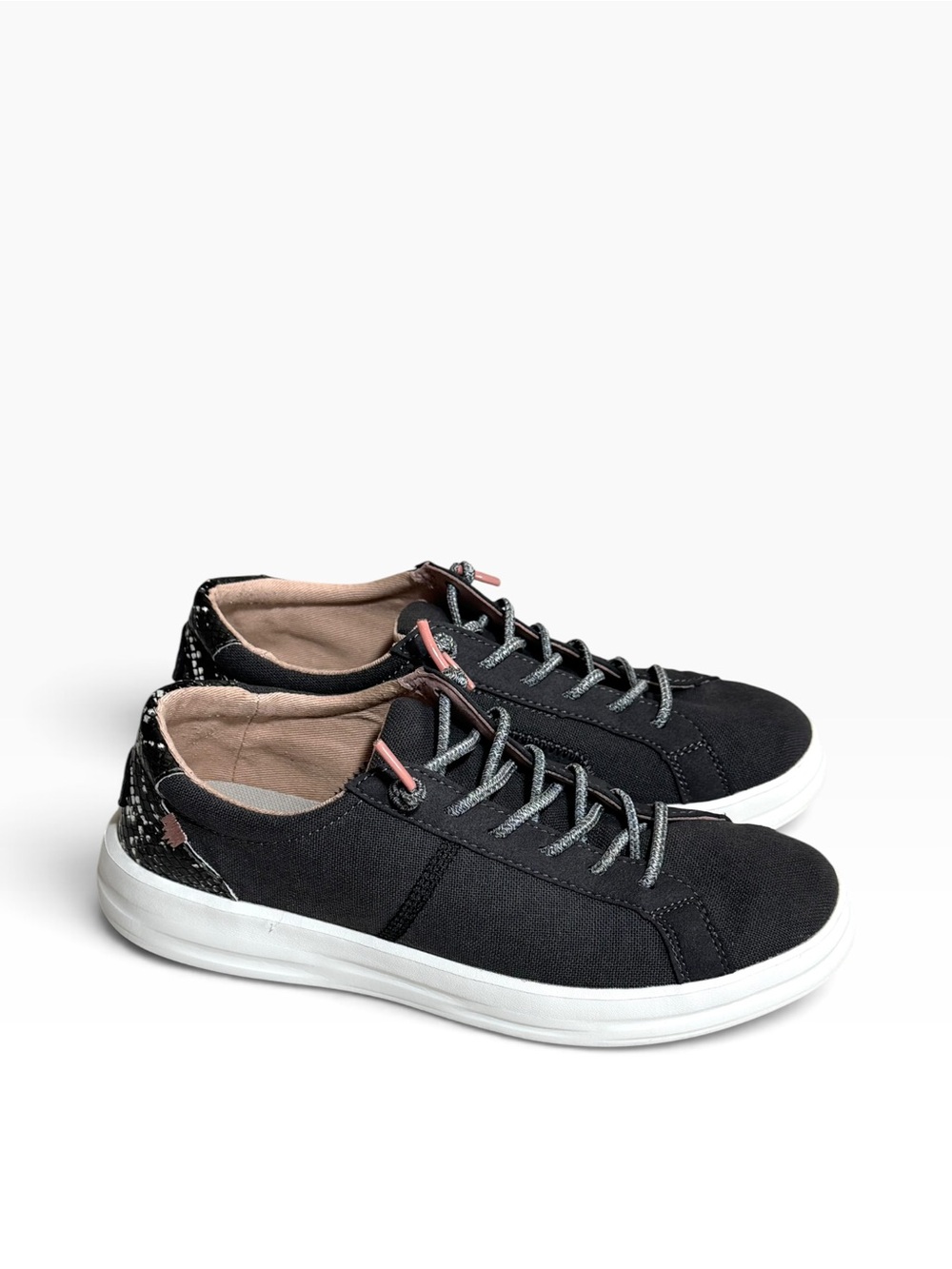 HEYDUDE Women's Karina Slip On Sneakers Jet Black Snake Accent Size 7